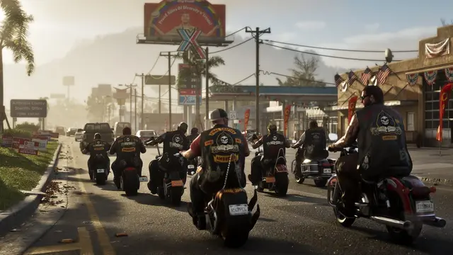 A biker club riding down a small-town main street in Ambrosia