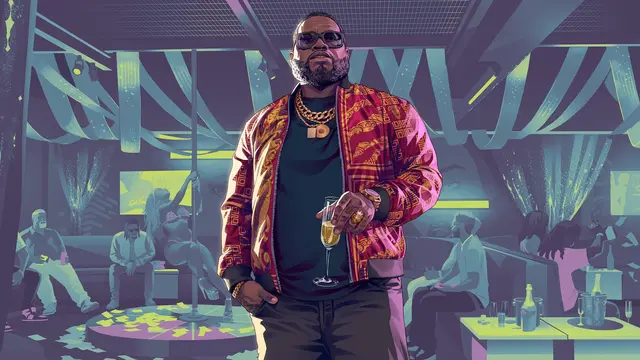 Artwork of Boobie Ike in sunglasses and gold chains holding a drink in a busy lounge