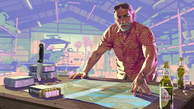 Artwork of Brian Heder leaning over a map on a table in his boat shed