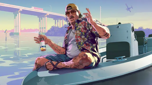 Artwork of Cal Hampton in a cap and sunglasses sitting on a boat with a drink, a bridge behind him