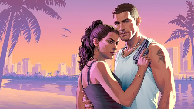 Artwork of Lucia and Jason holding each other, a pistol in his hand, against a pink Vice City sunset