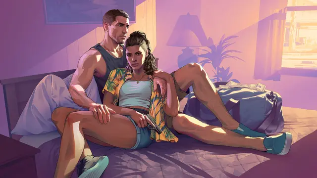Artwork of Jason and Lucia lounging on an unmade motel bed in warm evening light