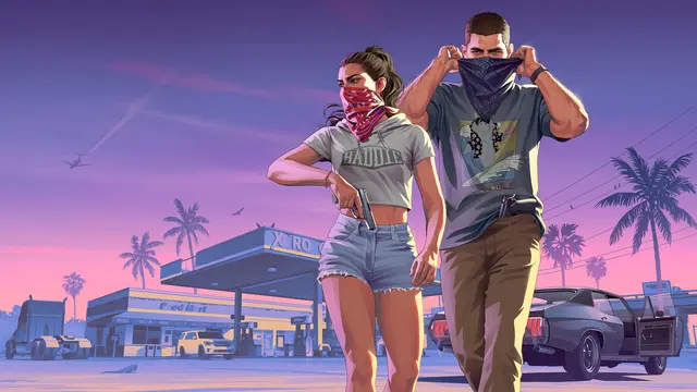 Artwork of Jason and Lucia pulling up red bandanas as they walk away from a gas station at dusk