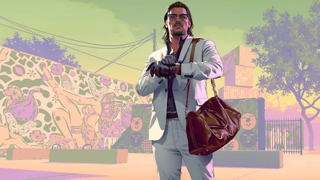 Artwork of Raul Bautista in a white suit, carrying a holdall in front of a painted wall
