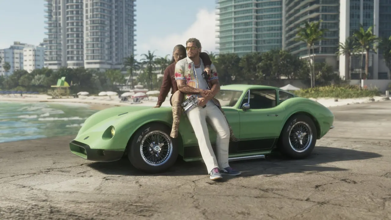 Jason and Lucia leaning on a green sports car on a Vice City beach