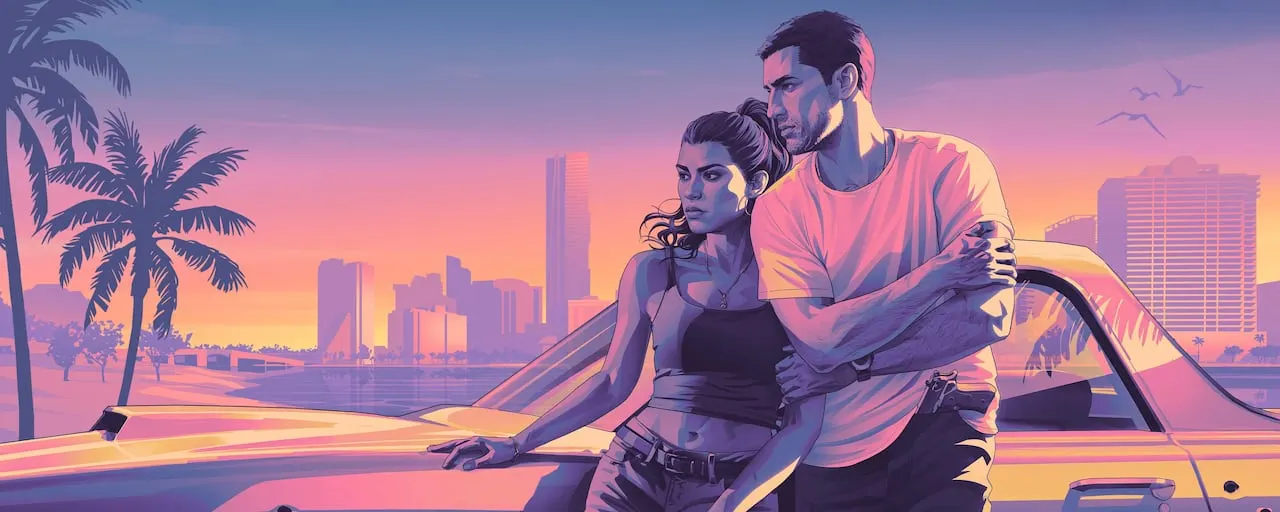 Jason and Lucia leaning on a car against a pink Vice City sunset