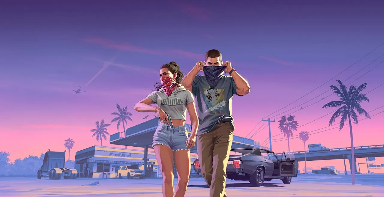 Jason and Lucia pulling up their bandanas as they walk away from a gas station at dusk