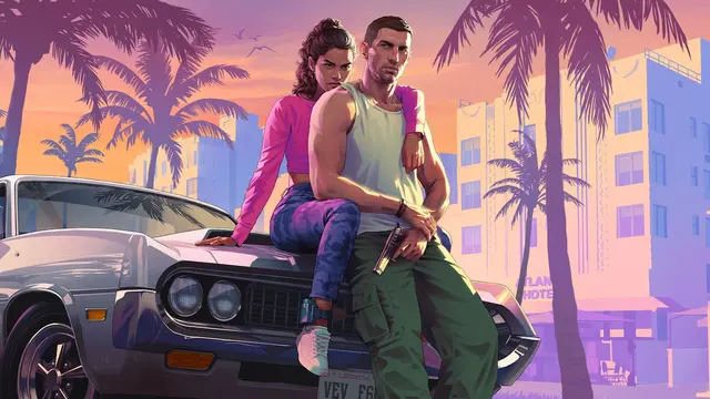 Jason and Lucia sitting on the hood of a car in Vice City at sunset