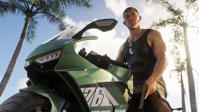 Jason Duval sitting on a green sports motorbike under palm trees, a pistol in his hand