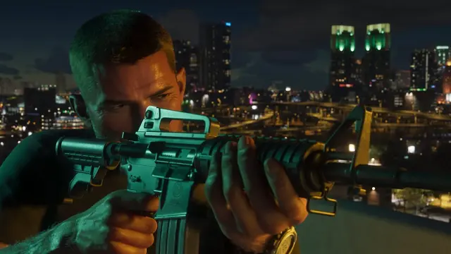 Jason aiming a rifle from a rooftop over the city at night