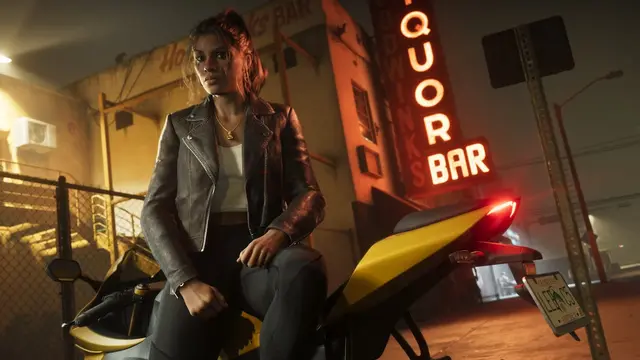Lucia Caminos in a leather jacket on a yellow motorbike outside a neon liquor bar at night