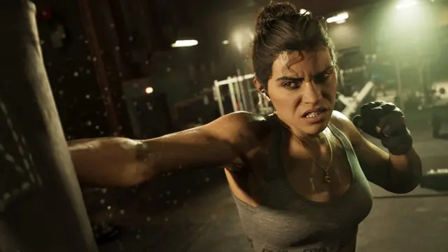 Lucia throwing a punch in a boxing gym