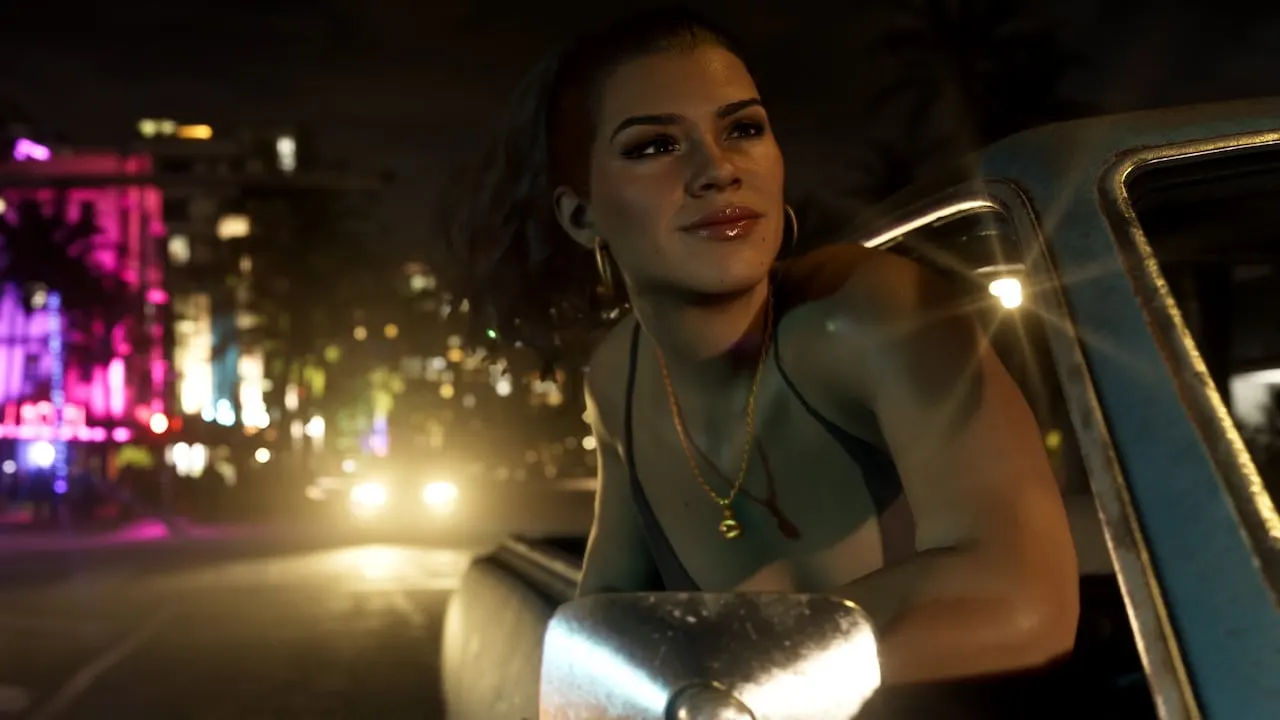 Lucia looking out of a car window on a neon-lit street at night