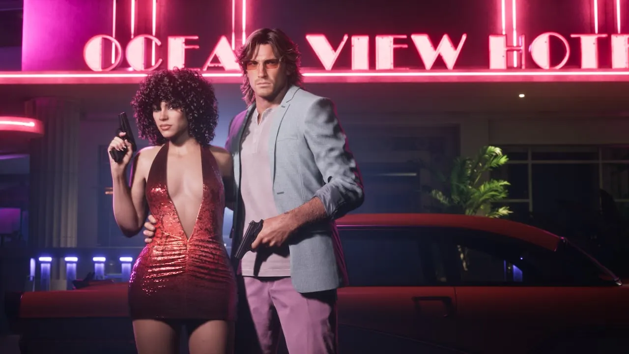 A couple holding pistols under the neon sign of the Ocean View Hotel