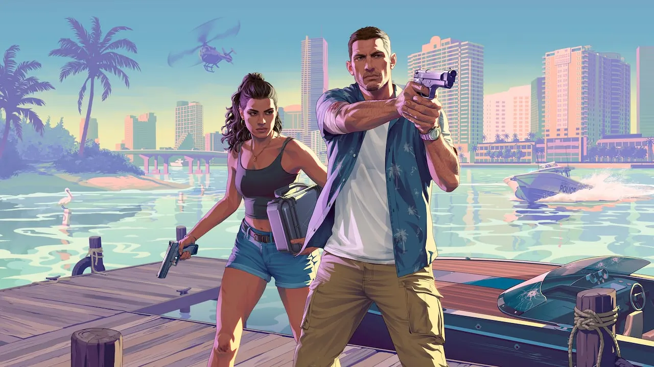 Jason and Lucia with pistols drawn on a wooden pier, the Vice City skyline behind them