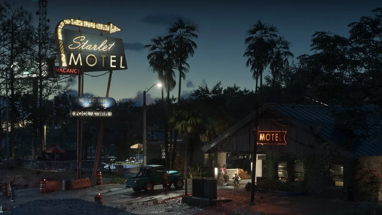 The neon sign of the Starlet Motel in Port Gellhorn at night