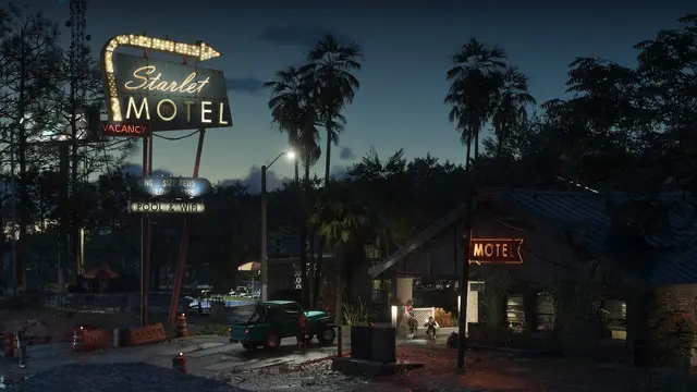 The neon sign of the Starlet Motel in Port Gellhorn at night