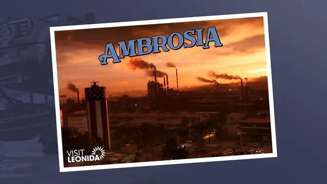 An Ambrosia postcard showing factory chimneys and smoke against an orange sunset