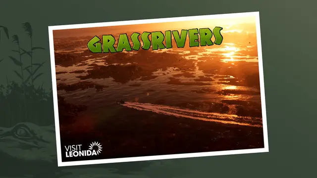 A Grassrivers postcard showing an airboat crossing the wetlands at sunset