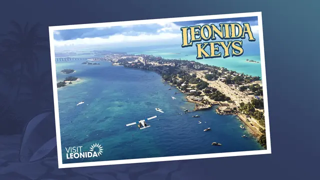 A Leonida Keys postcard showing islands, a long bridge and boats on clear water