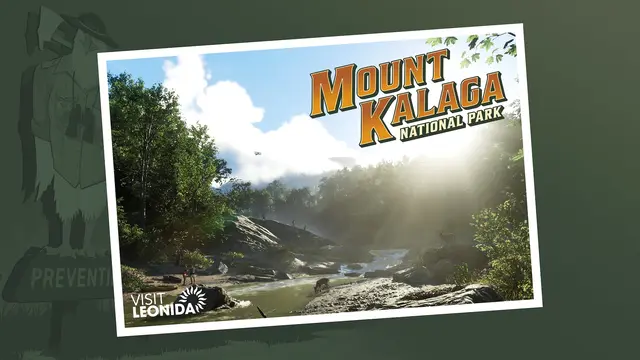 A Mount Kalaga National Park postcard showing a forest river under sunbeams