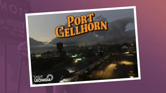 A Port Gellhorn postcard showing the town's lights at dusk under a stormy sky