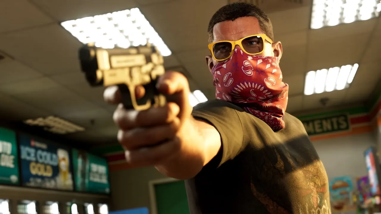 A robber in a bandana and yellow sunglasses aiming a pistol inside a store
