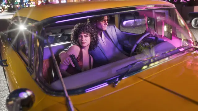 A couple riding in a yellow '55 Vapid Stanier under neon lights at night