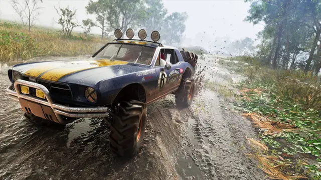 The lifted '67 Vapid Dominator Buggy throwing up mud on a wet forest trail