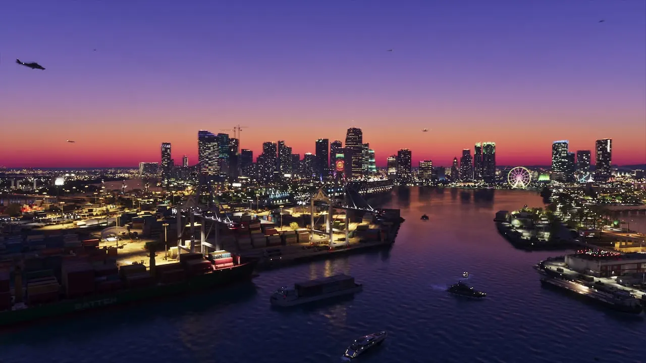 The Vice City skyline and harbour lit up at dusk